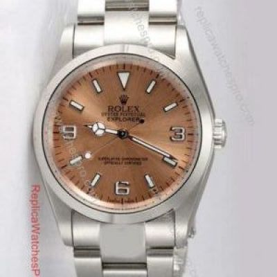 Rolex Explorer 36mm Mens Replica Watch Stainless Steel Salmon Dial